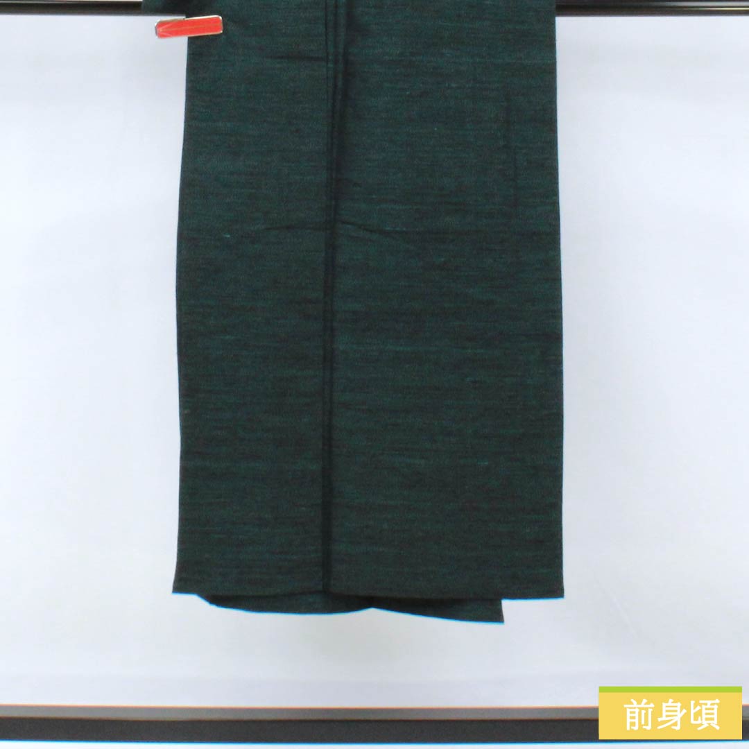 男物 正絹 Aランク 身丈139cm 裄丈66cm 高麗納戸色(こうらいなんどいろ) 紬地 アンサンブル 抽象模様 単衣 緑系 1119001333319
