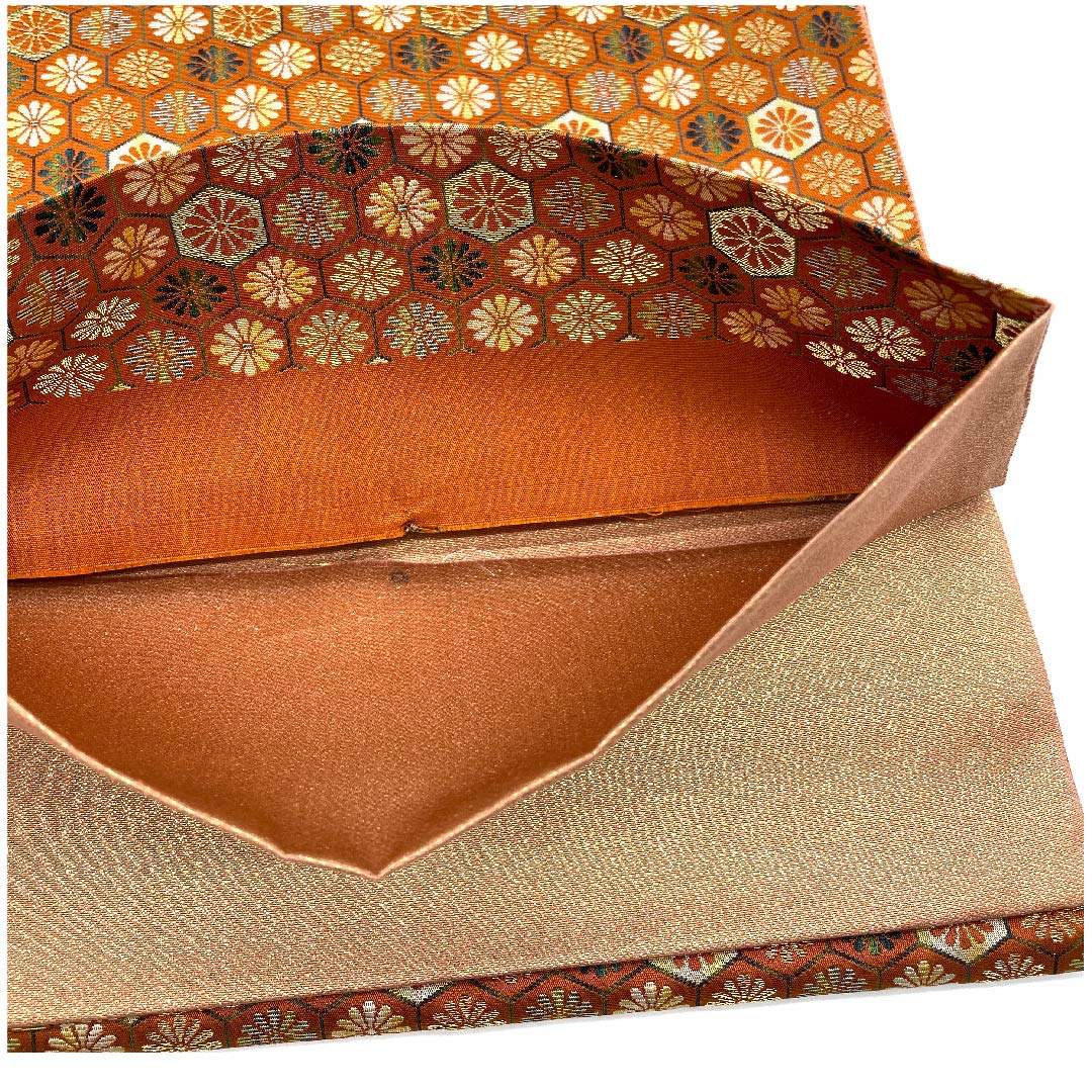 (未仕立)袋帯 赭色(そおいろ) 亀甲 菊 帯丈464cm 正絹 Aランク 全通 セミフォーマル 茶系 1123006573414