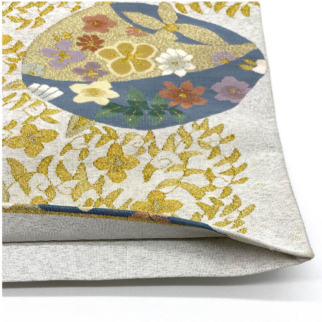 袋帯 銀白色色(ぎんはくしょくいろ) 小花 帯丈446cm 正絹 Bランク 六通 セミフォーマル 銀系 1123007174322