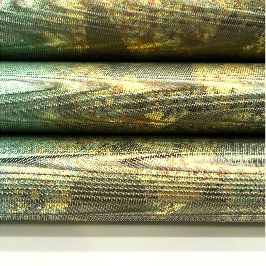 袋帯 引箔 抽象模様 帯丈442cm 正絹 Aランク 六通 セミフォーマル 緑系 1123004663319