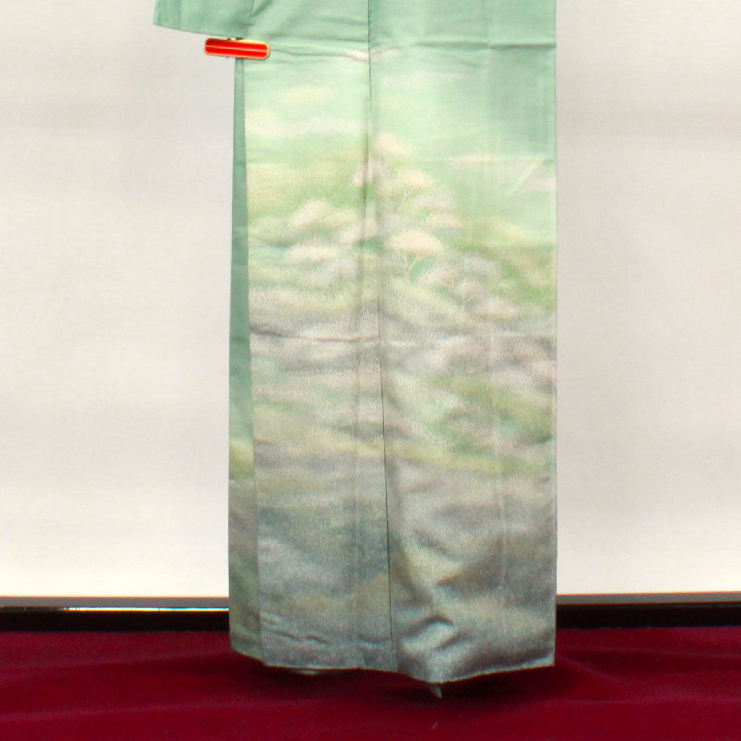 訪問着 正絹 袷 身丈161cm 裄丈62.5cm 豆青色 牛首紬 抽象模様 Aランク 緑系 1112003263419