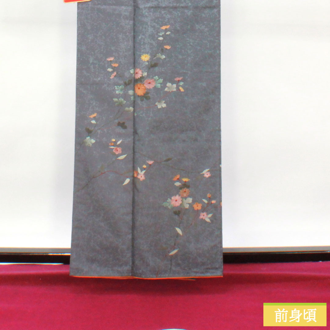 訪問着 正絹 袷 身丈161cm 裄丈63cm 灰青色 大島紬 草花模様 作家物 Aランク グレー系 1112004013422