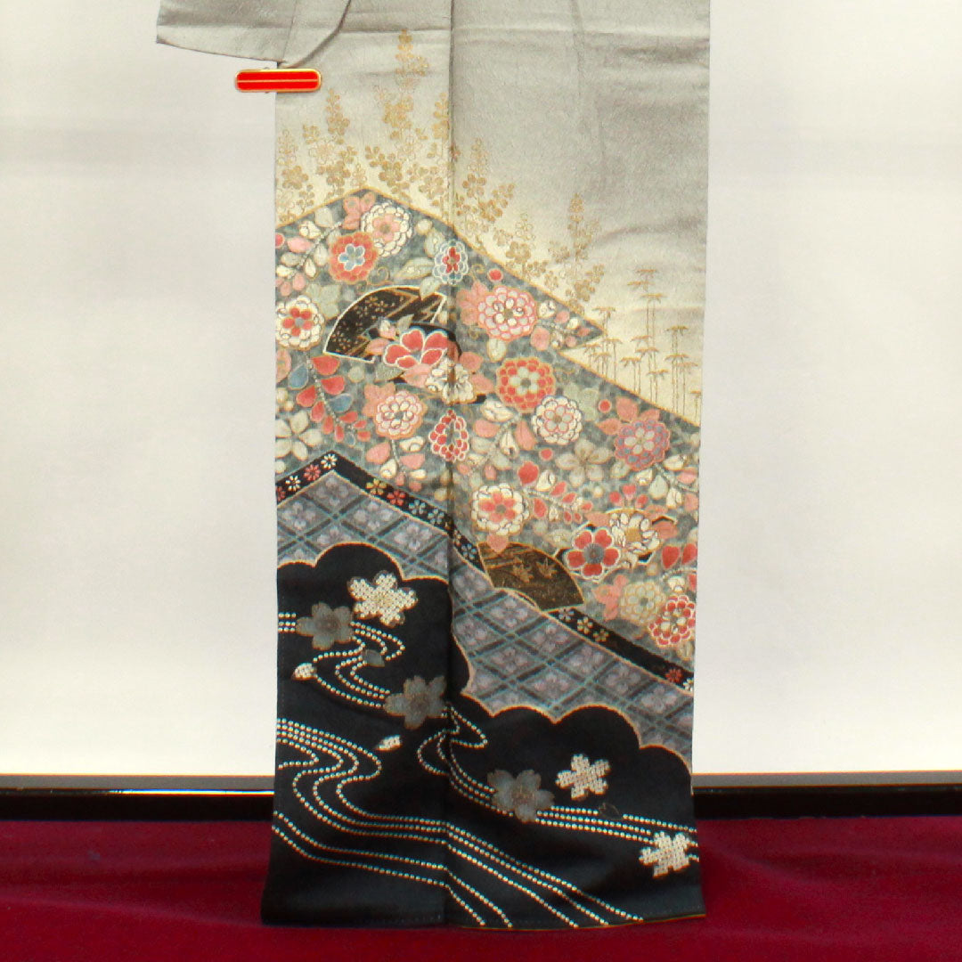 訪問着 正絹 袷 身丈166cm 裄丈66cm 水銀色 京友禅 辻ヶ花 Sランク グレー系 1112003062522