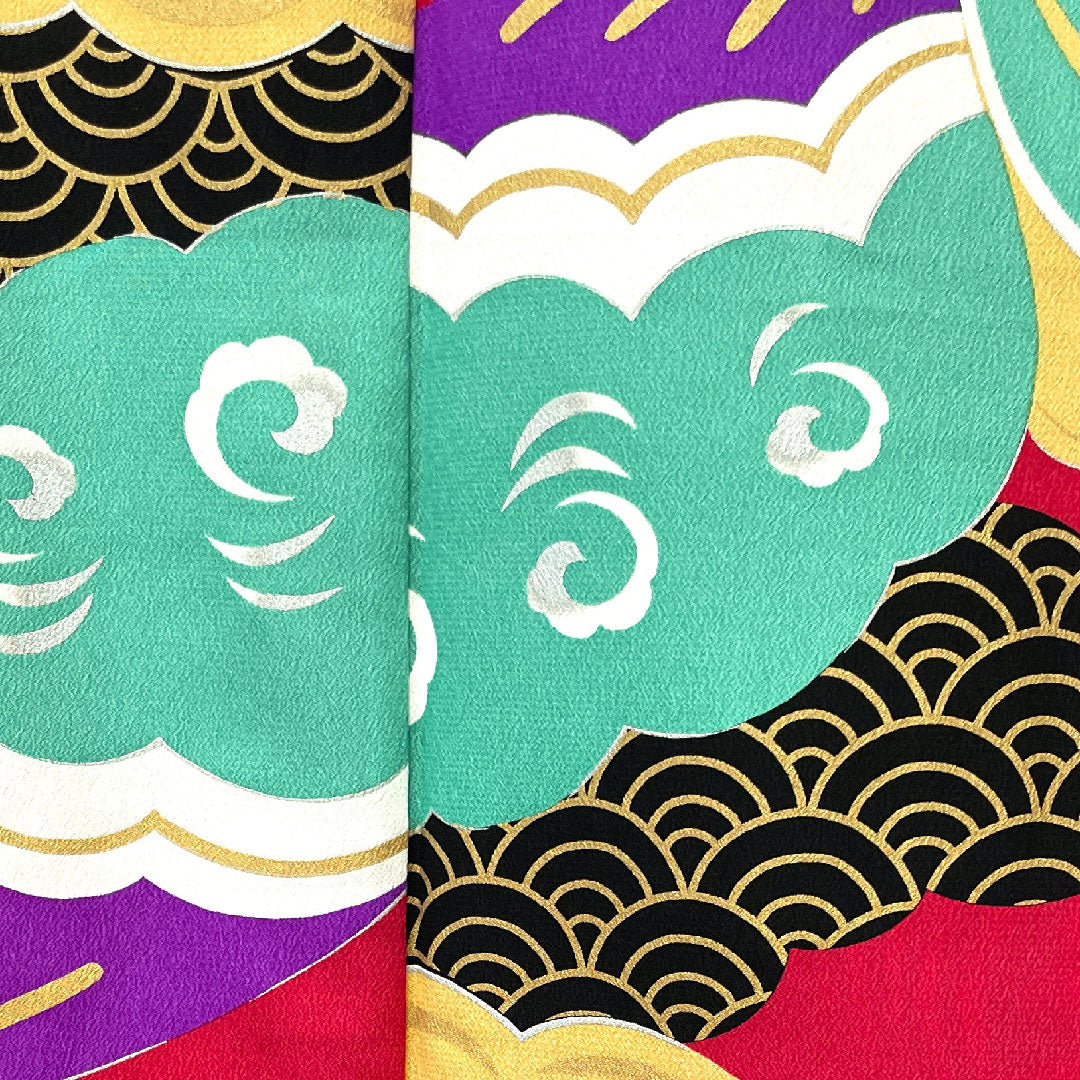 振袖 身丈171.5cm 裄丈67.5cm 袷 猩紅色 洗える着物 蝶 青海波 七宝 ポリ Sランク ピンク系 1113001282613