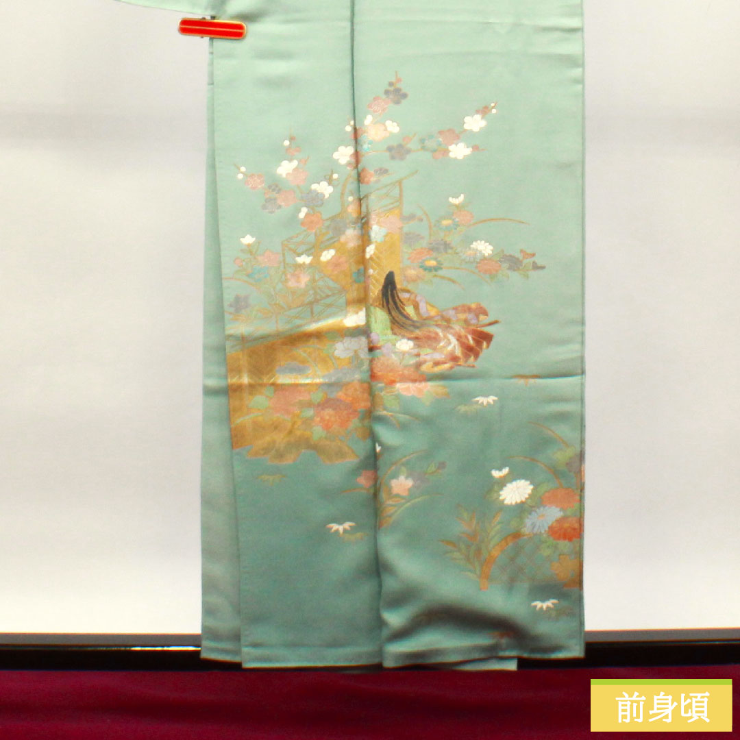 Homongi, pure silk, lined, length 156.5cm, sleeve length 64cm, light blue, gold leaf finish, auspicious motif, A rank, light blue, 1112003523324