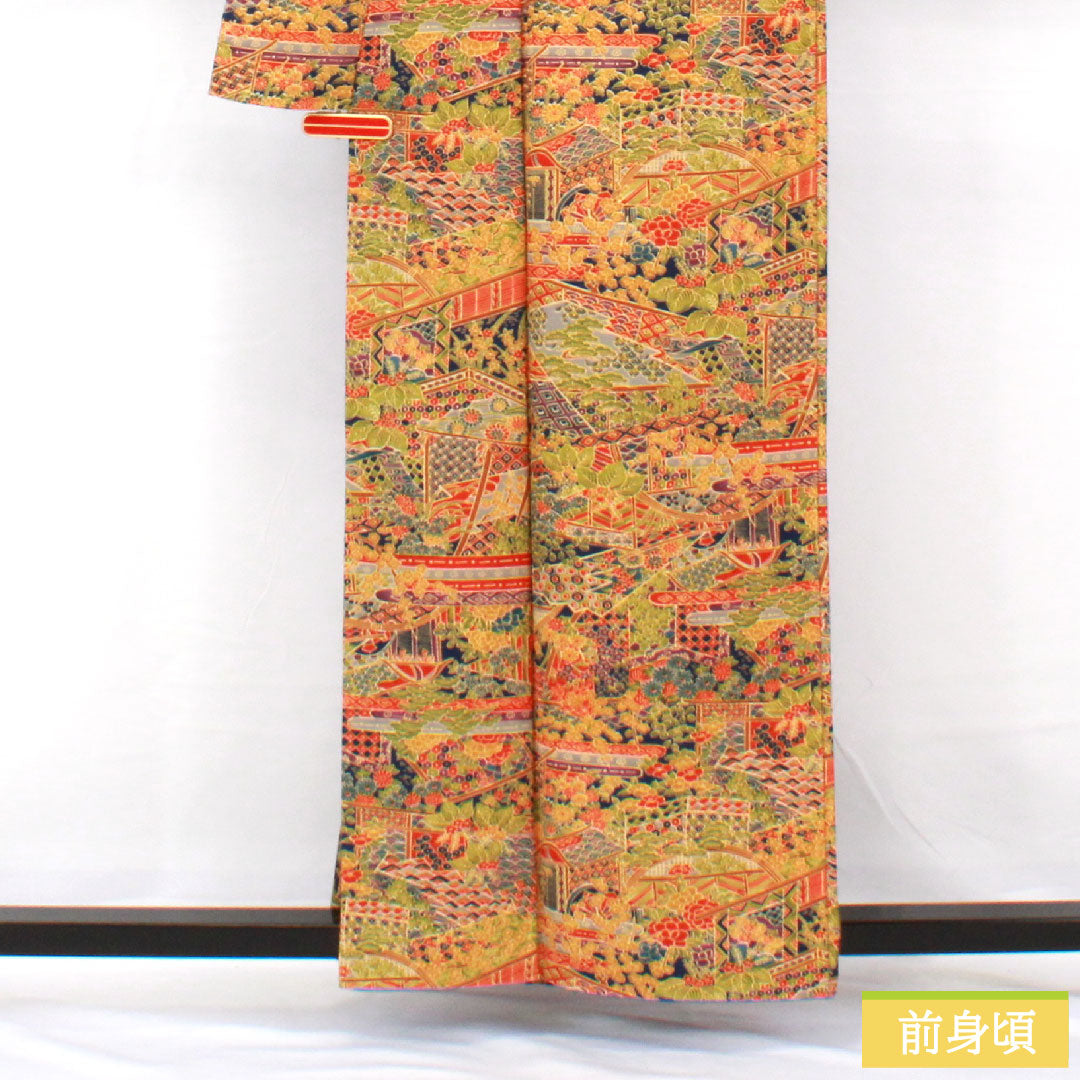 小紋 ポリエステル 身丈160cm 裄丈63.5cm 袷 紺藍色(こんあいいろ) 洗える着物 吉祥文様 Sランク 紺系 1115004612418