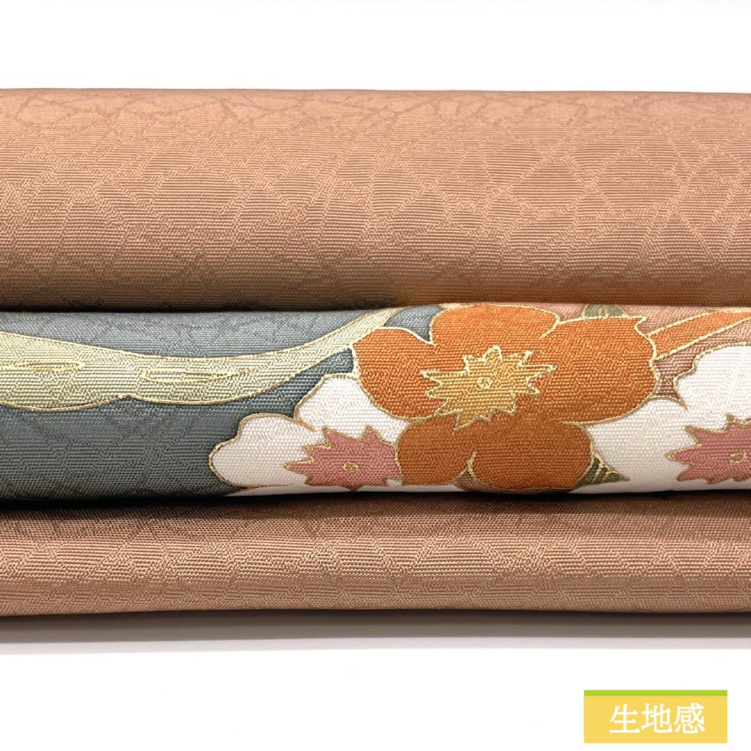 名古屋帯 緋褪色(ひさめいろ) 染め帯 花模様 帯丈373cm 正絹 Sランク ポイント柄 セミフォーマル 茶系 1124008902314 名古屋仕立て