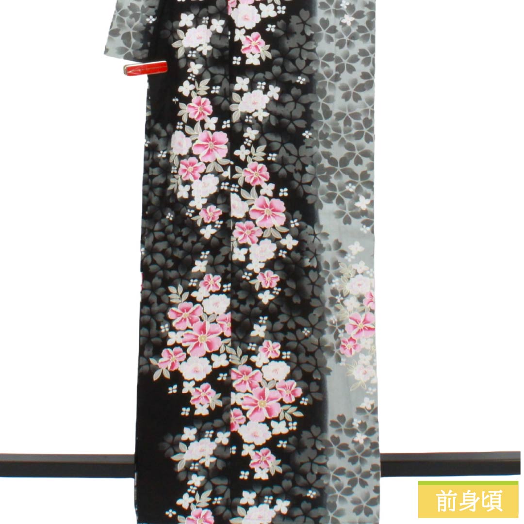 浴衣 木綿 Sランク 身丈165cm 裄丈66cm 黒色 ブルーグレー 桜 洋花 単衣 モノトーン 1118006922527