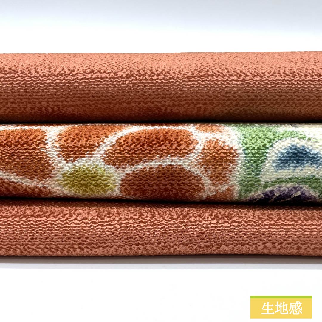 名古屋帯 珊瑚色(さんごいろ) ちりめん地 辻ヶ花 帯丈360cm 正絹 Sランク ポイント柄 カジュアル 橙系 1124008292326 名古屋仕立て