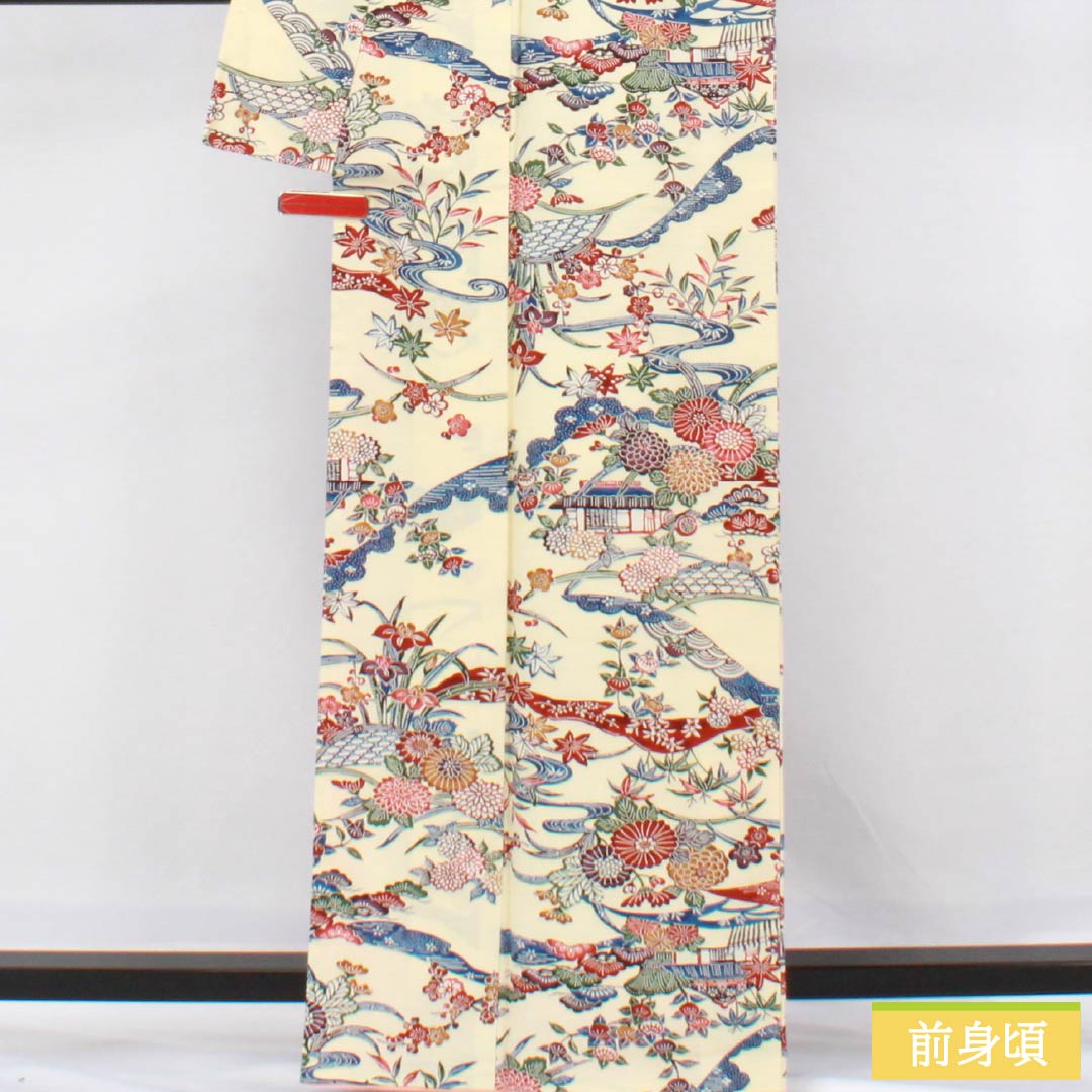 Komon (small pattern) kimono, pure silk, length 164cm, sleeve length 63.5cm, lined, light egg-colored (usutamagoiro) stencil-dyed, Chayatsuji, tsumugi fabric, S rank, cream, product number 1115006172415
