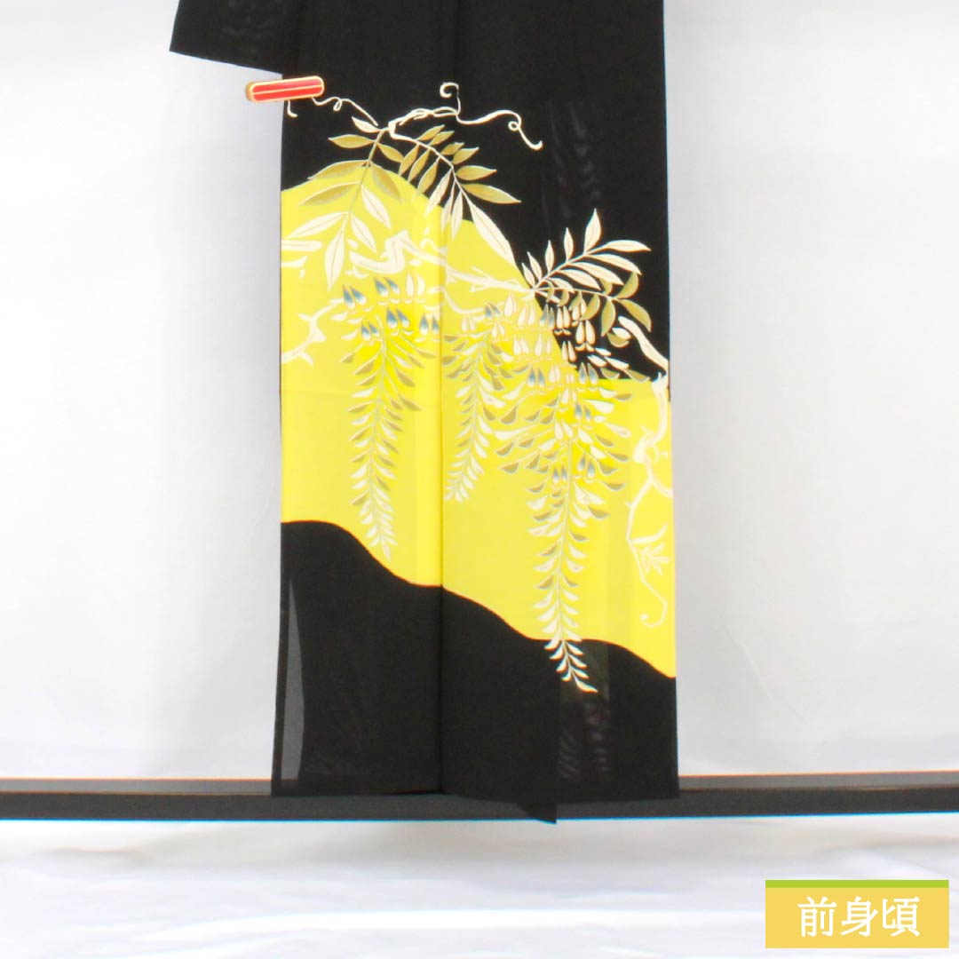 Summer pure silk black formal kimono, length 153cm, sleeve length 62cm, Kyoto yuzen, five crests, wisteria, silk, A rank, black, 1132002103210