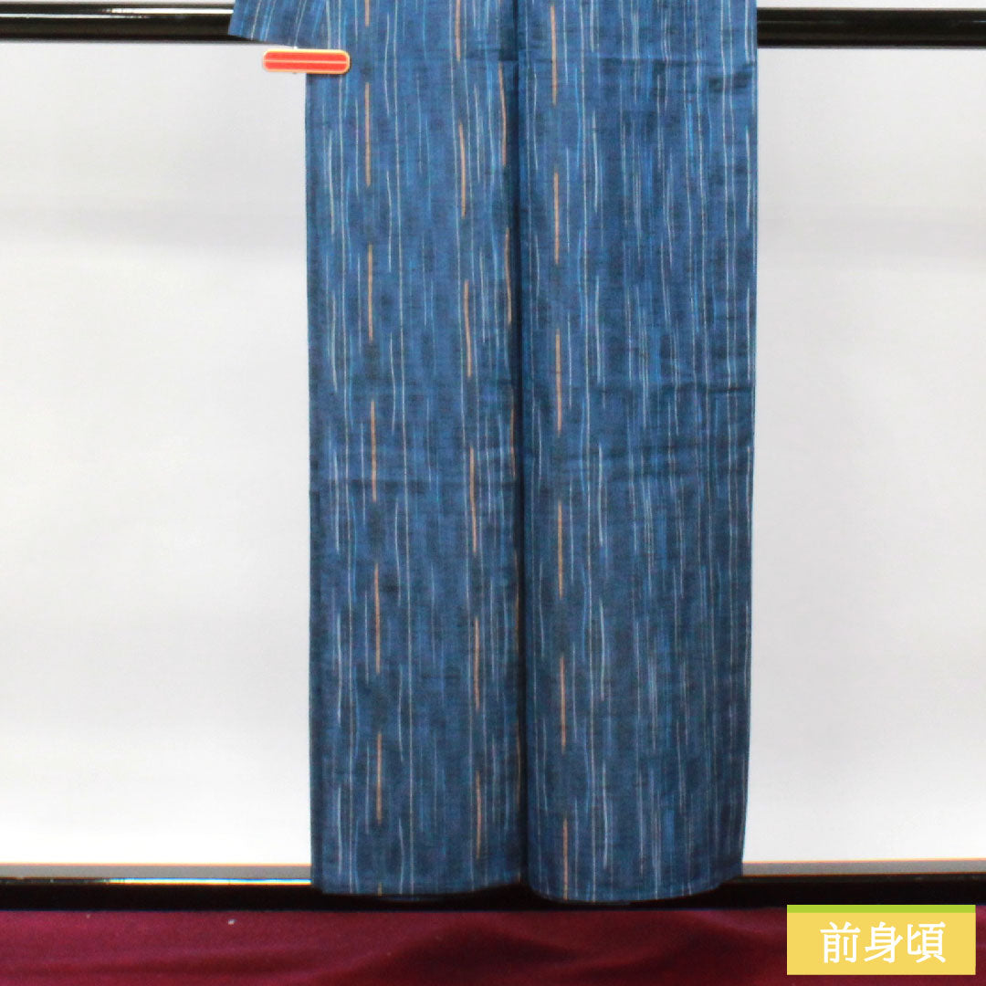 紬 正絹 身丈154.5cm 裄丈62cm 瑠璃紺色 よろけ縞 しつけ糸付き 未使用品 Sランク 単衣 紺系 1116003122218