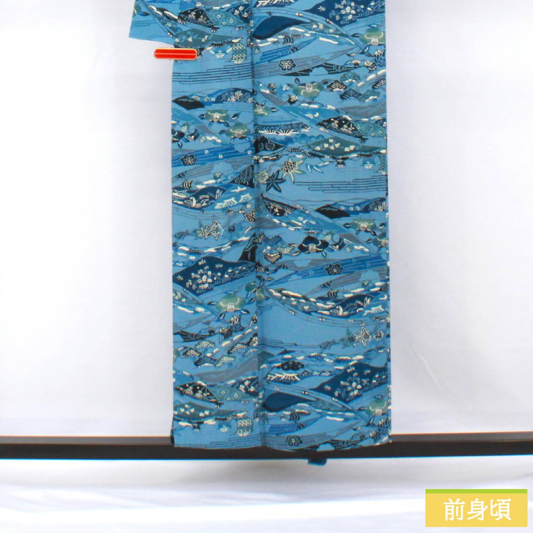 小紋 正絹 身丈154cm 裄丈64.5cm 単衣 空色(そらいろ) 型染 藍型調 吉祥文様 Bランク 青系 1115005614217