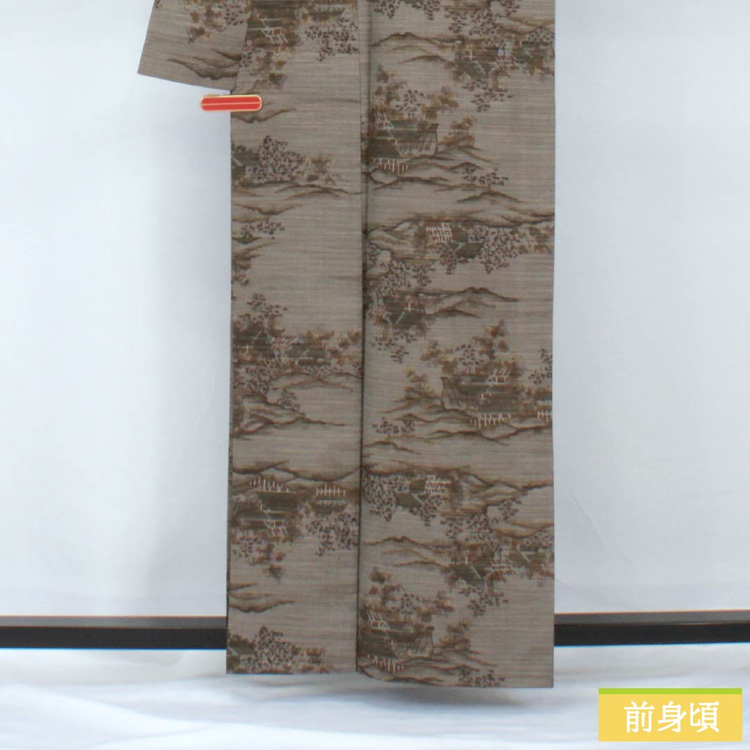 紬 正絹 身丈161.5cm 裄丈66cm 京極生壁色(きょうごくなまかべいろ) 風景模様 居敷当て付き Sランク 単衣 グレー系 1116003802422