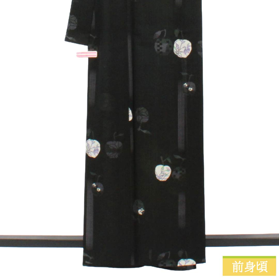 夏物 ポリエステル 小紋 Sランク 身丈163cm 裄丈67.5cm 野菜 草花模様 洗える着物 紗 黒系 1132003602410