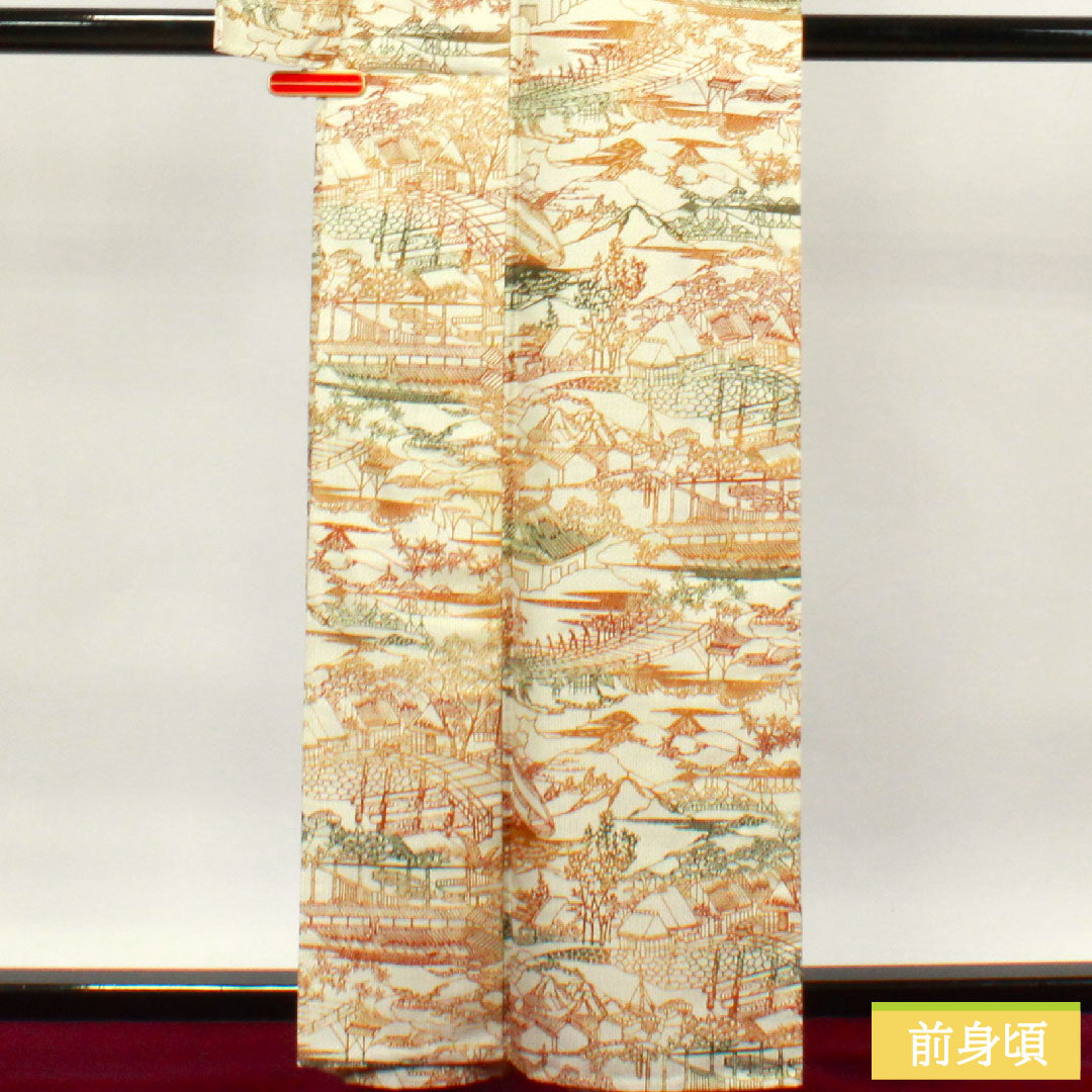 小紋 正絹 身丈160.5cm 裄丈65.5cm 単衣 生成り色 紬地 茶屋辻 Aランク クリーム系 1115003873415