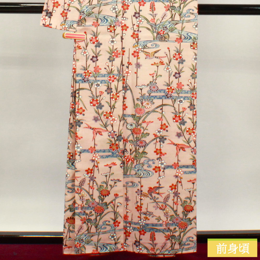 小紋 正絹 身丈159cm 裄丈64cm 袷 乙女色 京紅型 吉祥文様 紬地 しつけ糸付き 未使用品 Sランク ピンク系 1115003692313