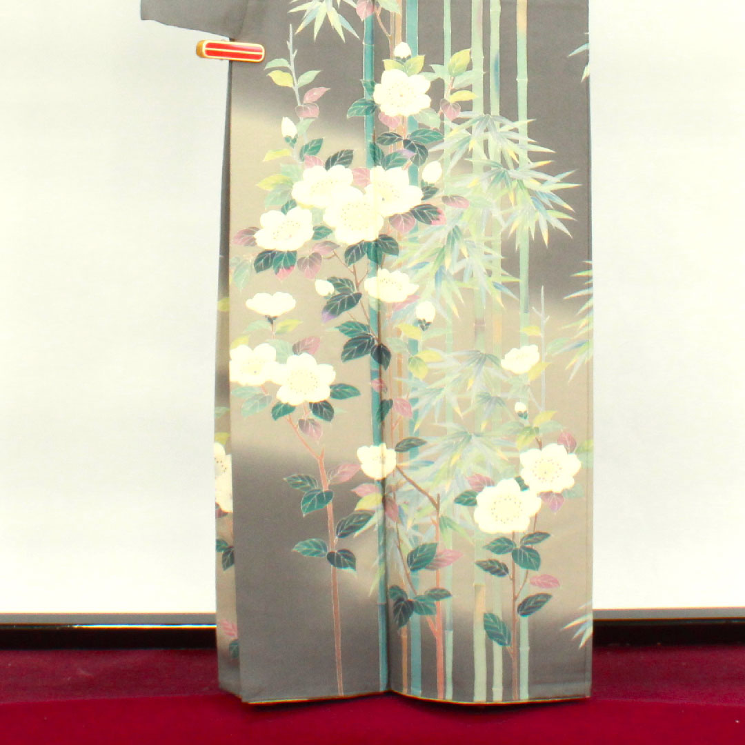 訪問着 袷 身丈160cm 裄丈63cm 素鼠色 作家物 加賀草木染 竹 梅 正絹 Aランク グレー系 1112002673422