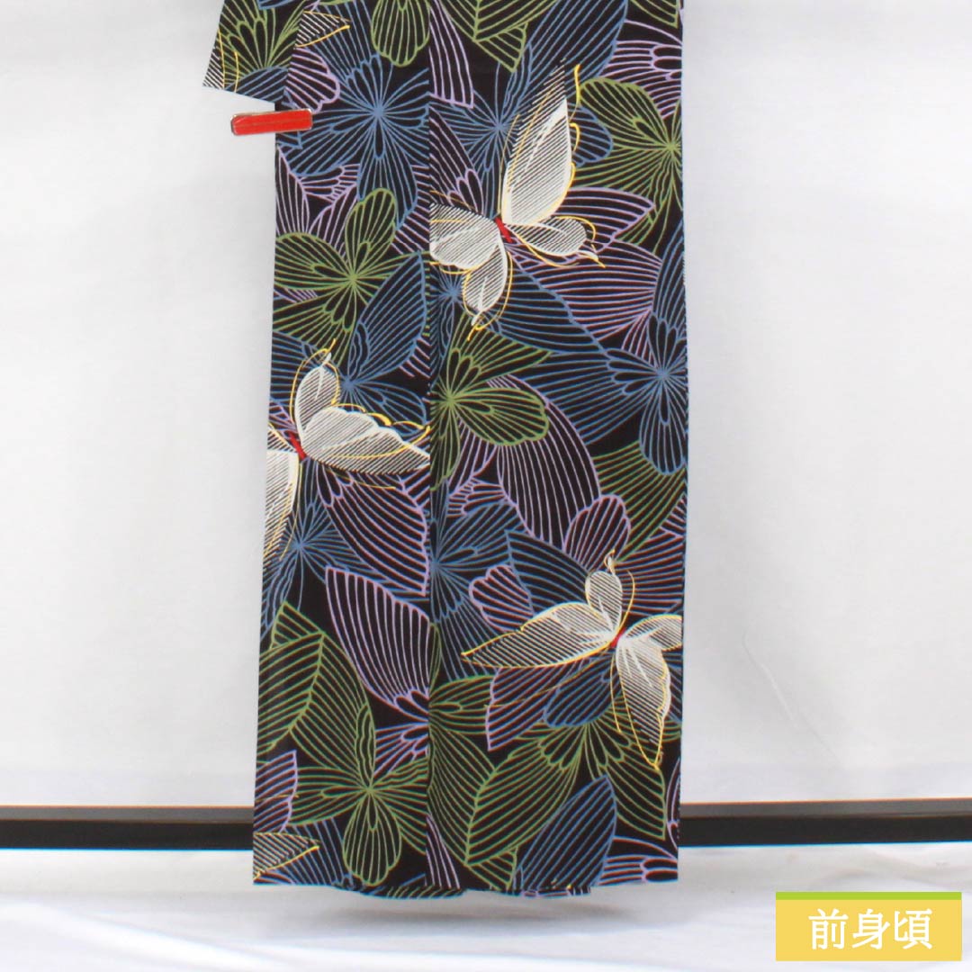 Cotton Yukata, Length 160.5cm, Sleeve Length 63.5cm, S Rank, Single Layer, Black, Butterfly Pattern, 1118006342410