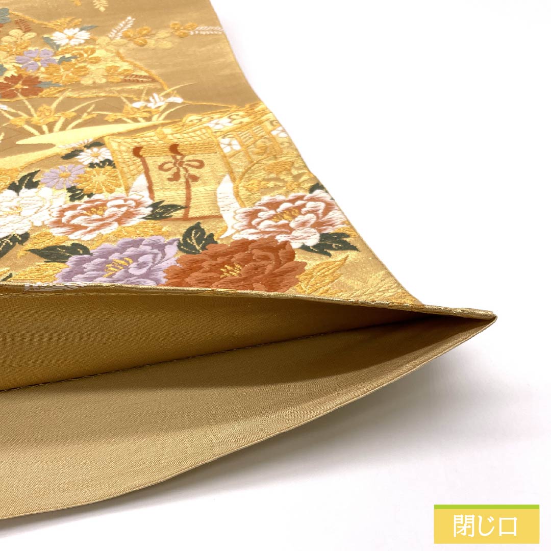 袋帯 正絹 留袖用 御所車 藤の花 牡丹 帯丈416cm Sランク 六通 フォーマル 金系 1123014512321