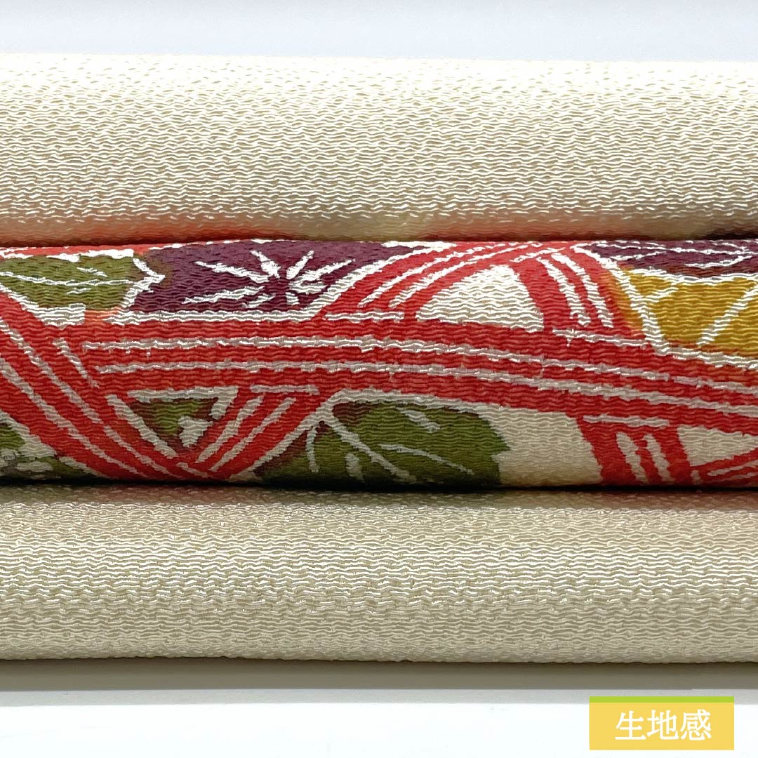 名古屋帯 正絹 Sランク 生成り色(きなりいろ) ちりめん地 京紅型 三越ちりめん 帯丈359cm ポイント柄 カジュアル クリーム系 1124009212315 名古屋仕立て