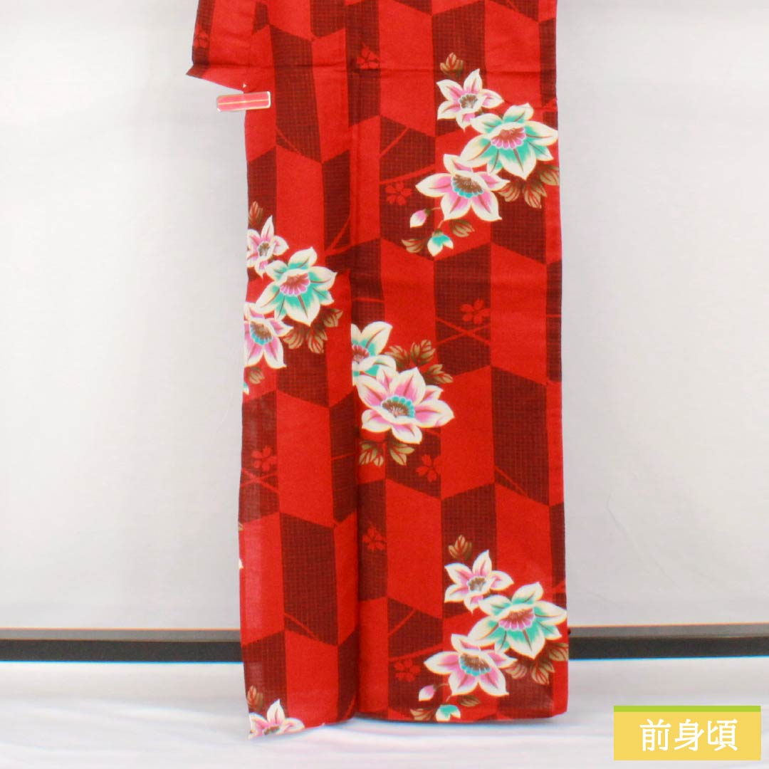 Yukata Cotton Length 165.5cm Sleeve length 67.5cm S rank Single layer Red Reddish red (akabeniiro) Arrow pattern Flower 1118005482512