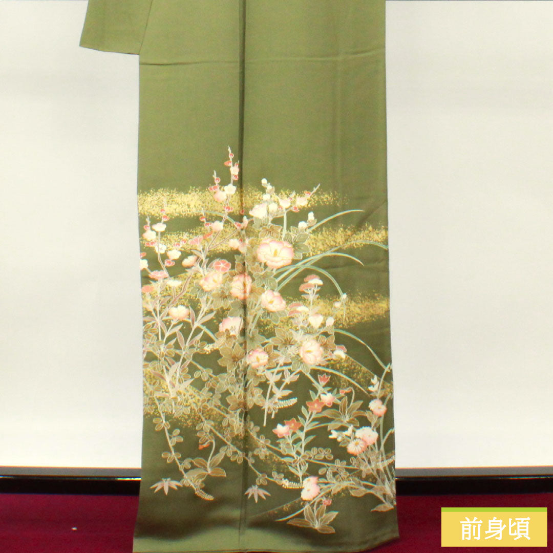 Homongi, pure silk, lined, length 164.5cm, sleeve length 65.5cm, turtle dove color, Kyoto yuzen, floral pattern, S rank, green, 1112004722419