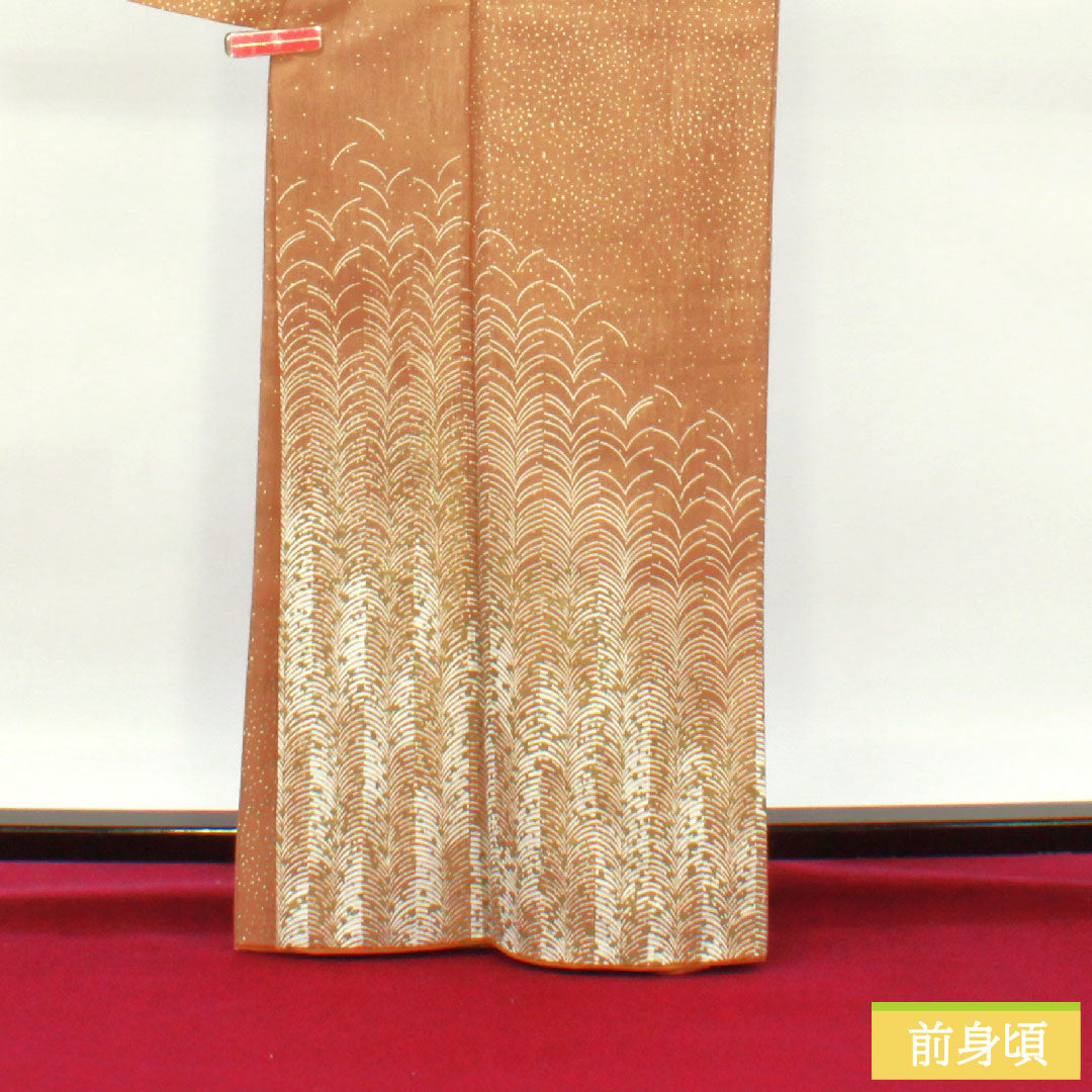 訪問着 ポリエステル 袷 身丈165cm 裄丈65.5cm 猟虎色 洗える着物 噓つき襦袢付き Sランク 茶系 1112003692514