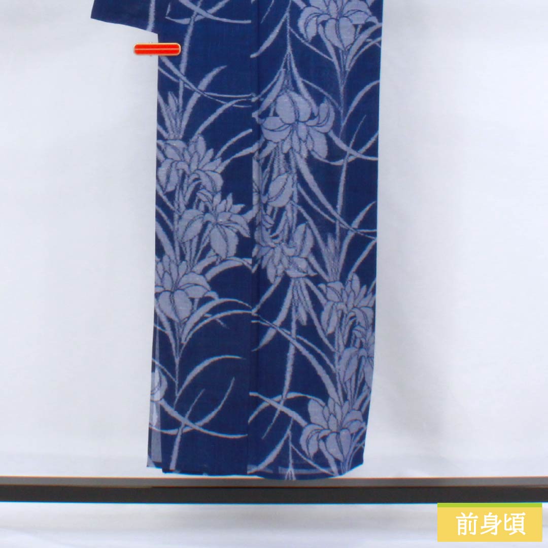Summer pure silk tsumugi kimono, length 151cm, sleeve length 62.5cm, navy blue with iris and gauze, A-rank, blue, 1132002813217