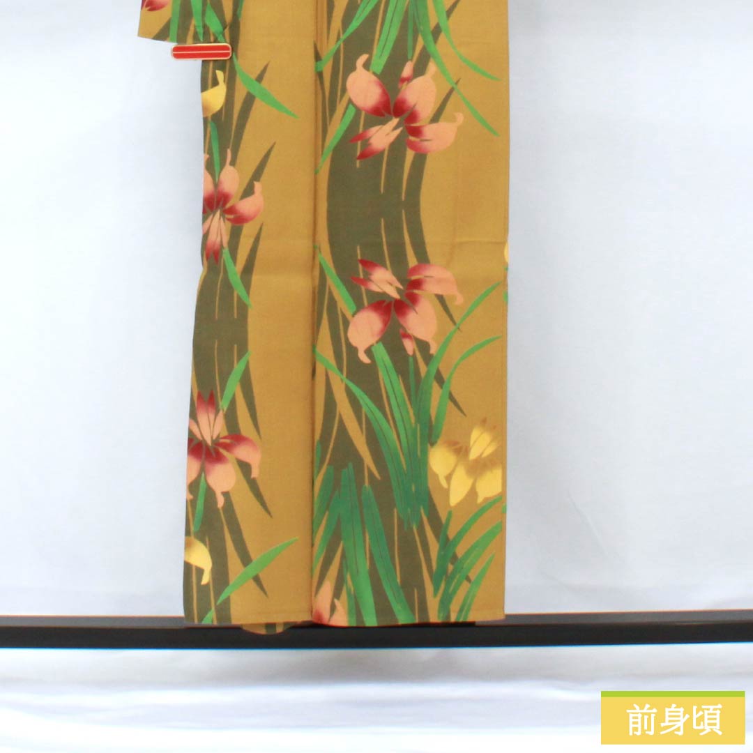 浴衣 木綿 身丈153.5cm 裄丈67cm Aランク 単衣 黄系 木蘭色(もくらんじき) 菖蒲 1118005803223