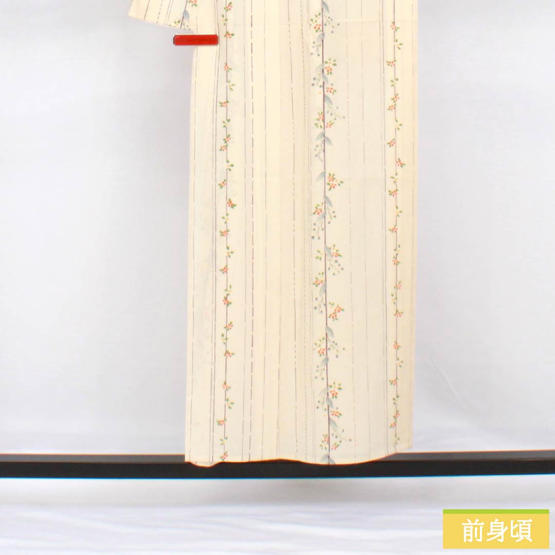 夏物 正絹 小紋 身丈153cm 裄丈62cm 生成り色(きなりいろ) 京友禅 縞 小花 絽 Aランク クリーム系 1132002053215