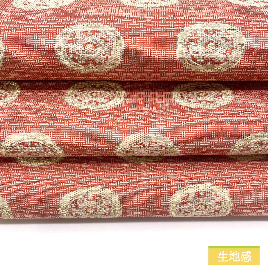 名古屋帯 紅唐色(べにとういろ) 作家物 龍村美術 糸屋輪宝手 帯丈358cm 正絹 Sランク 全通 セミフォーマル 朱系 1124008372316 開き仕立て