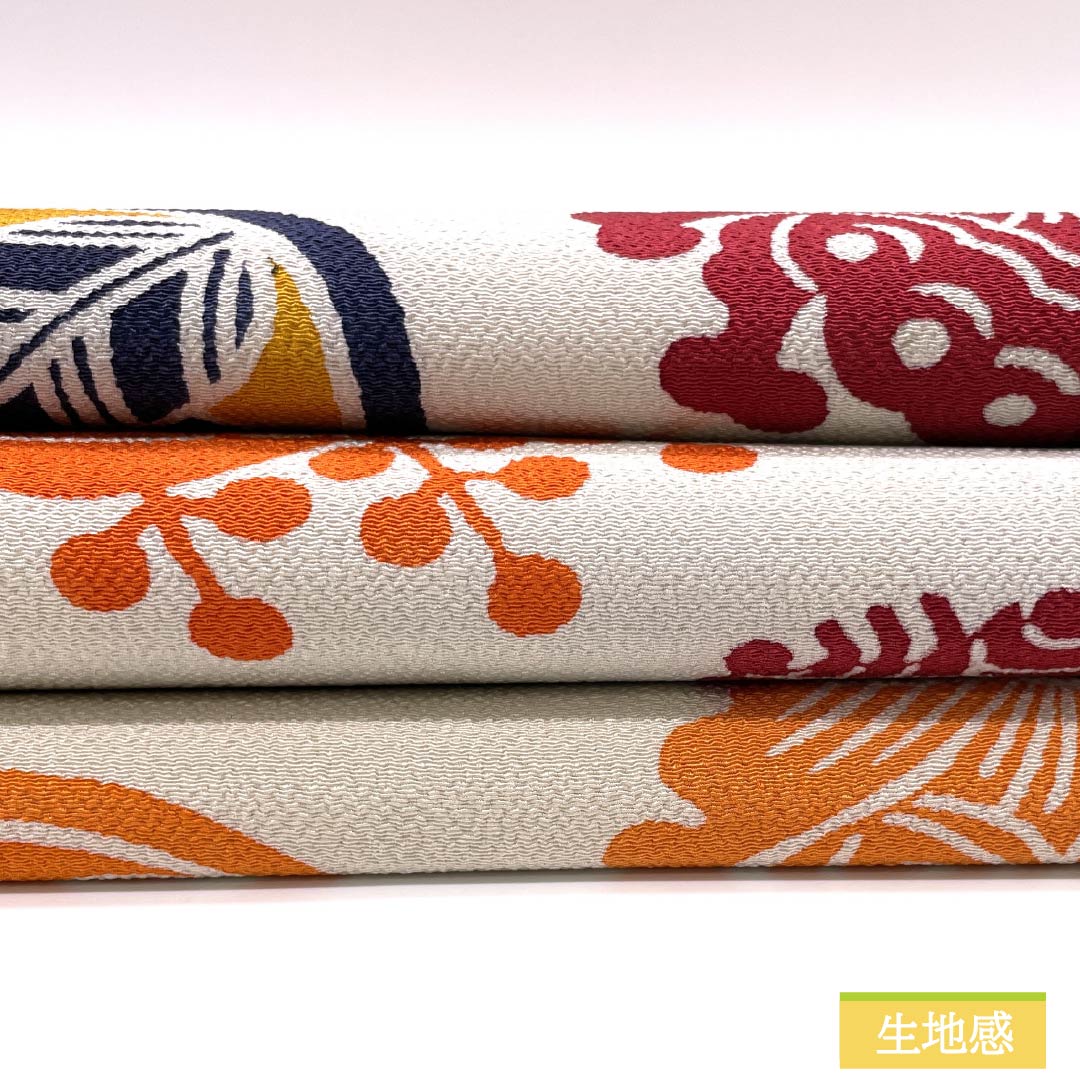 名古屋帯 胡粉色(ごふんいろ) 型染 ちりめん地 丸に紋 帯丈354cm 正絹 Aランク ポイント柄 カジュアル クリーム系 1124008163315 名古屋仕立て