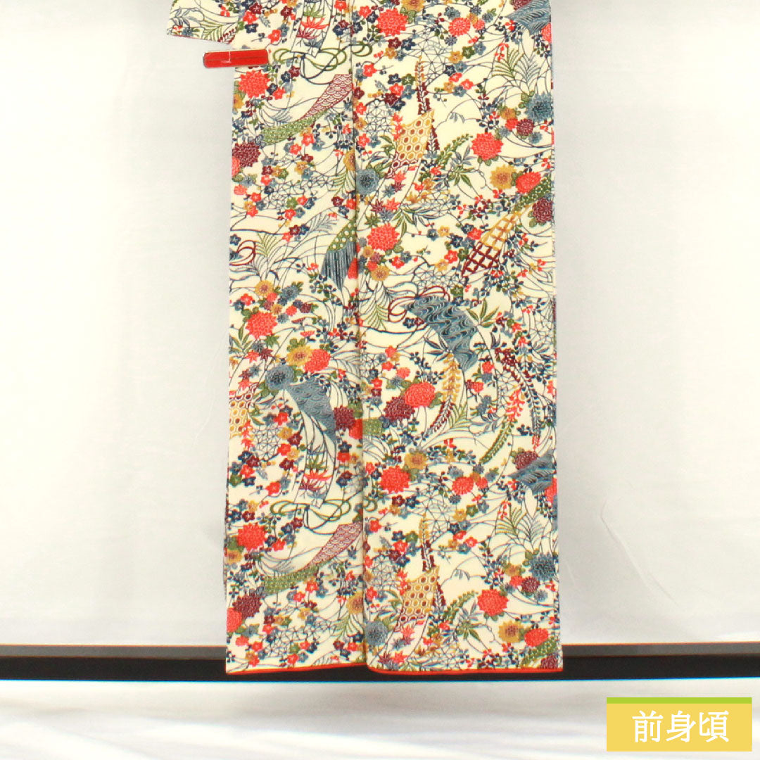 小紋 正絹 身丈154cm 裄丈63cm 袷 乳白色(にゅうはくしょく) 京紅型 吉祥文様 Bランク クリーム系 1115004844215