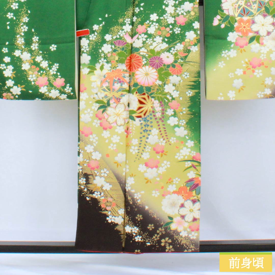 振袖 正絹 Sランク 身丈153cm 裄丈62.5cm 袷 緑茶色(りょくちゃいろ) 京友禅 桜 草花 パールトーン加工 緑系 1113002142219