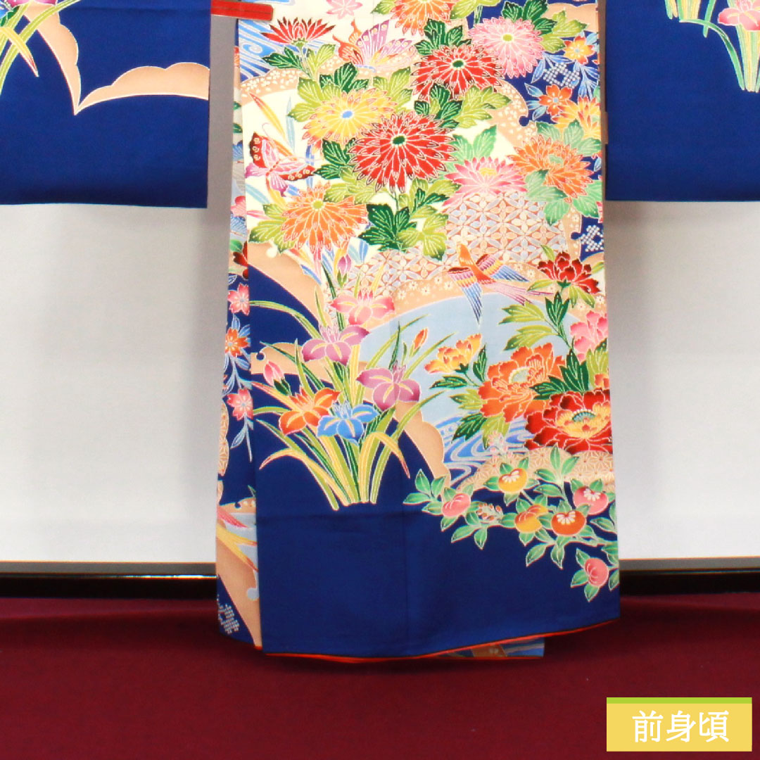 振袖 正絹 身丈161cm 裄丈67cm 袷 瑠璃色 京友禅 吉祥文様 Sランク 紺系 1113001952418