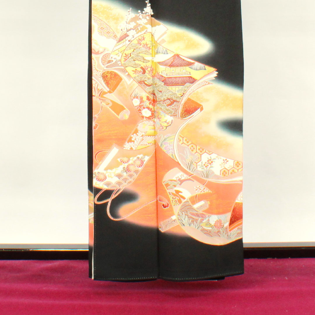 黒留袖 身丈159.5cm 裄丈63cm 袷 京友禅 吉祥文様 丸に並び瓶子 正絹 Aランク 五つ紋 黒系 1111000843310