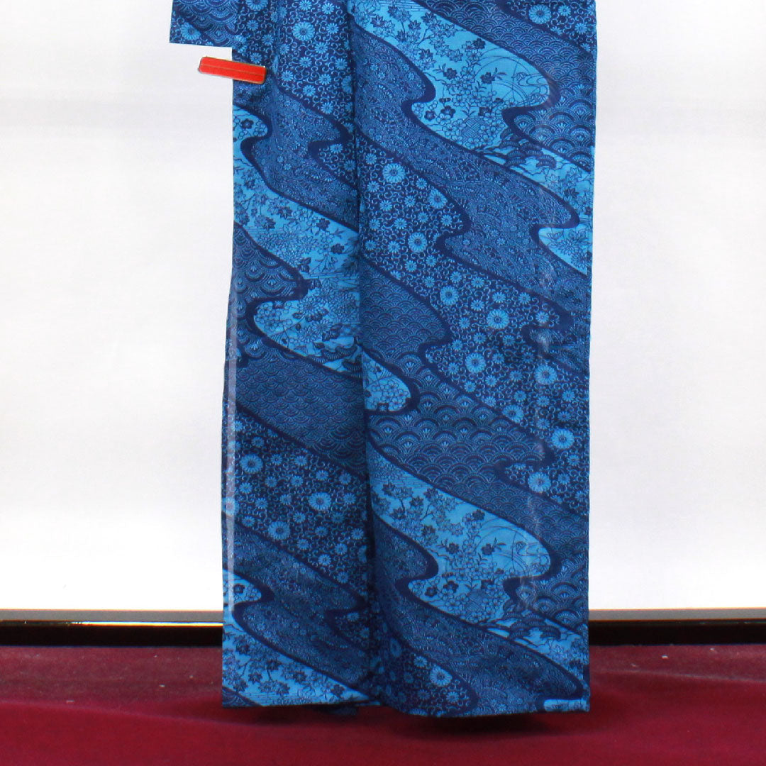 夏物 ポリエステル 小紋 身丈163cm 裄丈67cm 濃紺色(のうこんいろ) 流水 青海波 菊 絽 Aランク 紺系 1132001433418