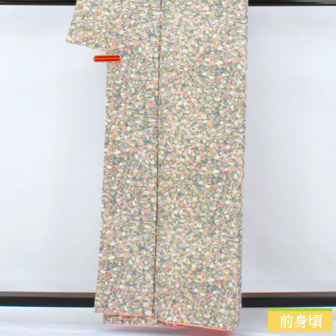 Komon (small pattern) silk, S rank, length 160cm, sleeve length 65cm, lined, Fukagawa gray (Fukagawa gray) pattern, all-over floral pattern, green tones, product number 1115007762419