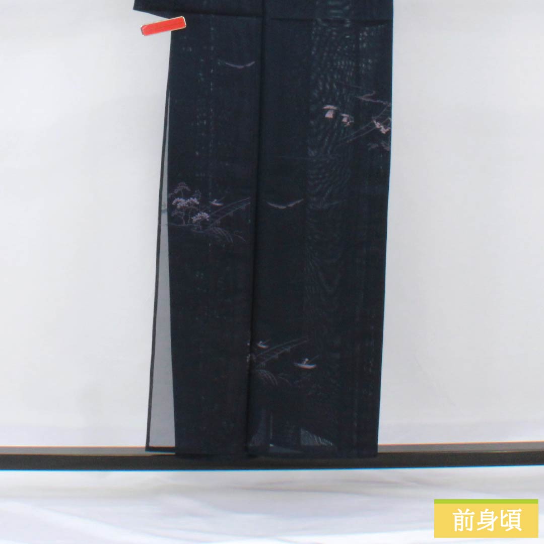 夏物 ポリエステル 小紋 身丈153.5cm 裄丈61.5cm 風景模様 洗える着物 紗 Aランク 紺系 1132002363218
