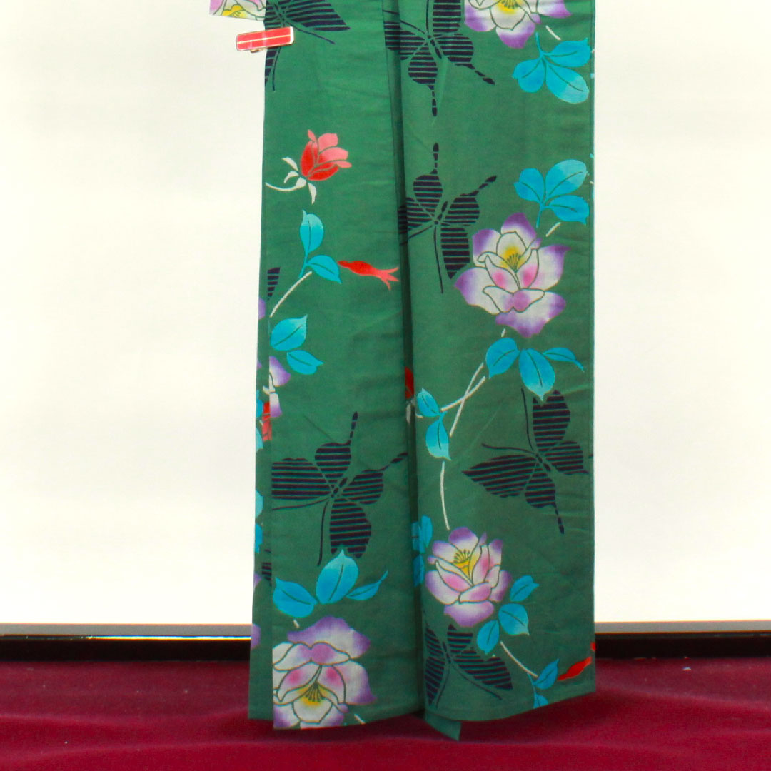 浴衣 萌葱色 薔薇 蝶 木綿 Sランク 単衣 身丈162cm 裄丈64cm 緑系 1118002852419