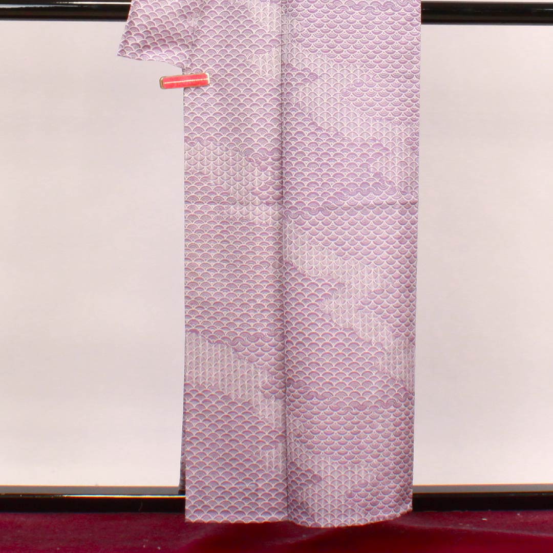 Summer polyester komon, length 157cm, sleeve length 62.5cm, half-color (hashitairo), Seigaiha, silk, S rank, purple, 1132000282320