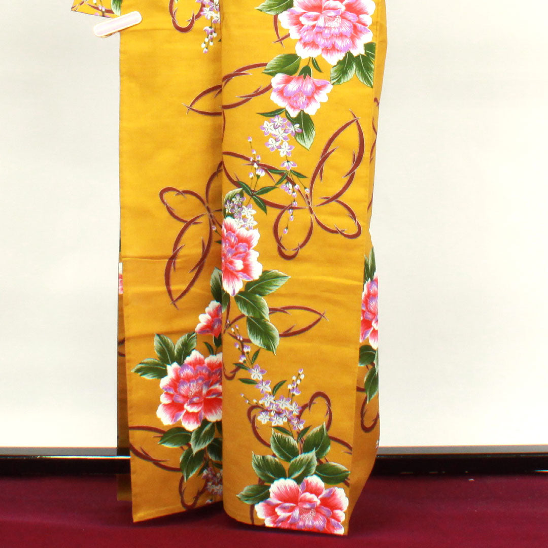 浴衣 しつけ糸付き 黄土色 蝶 花模様 木綿 Aランク 単衣 身丈164cm 裄丈69.5cm 黄系 1118002163423