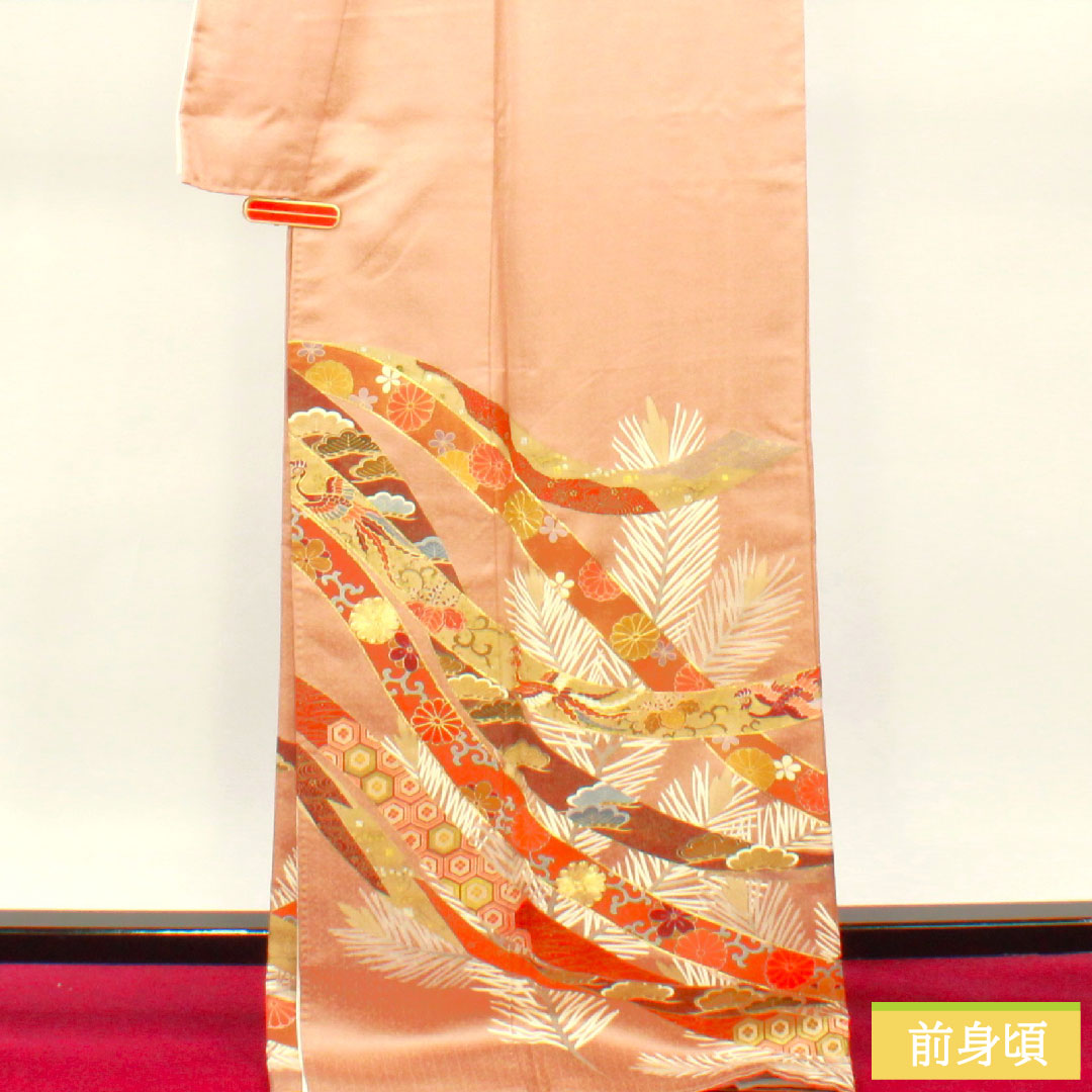 Colored Tomesode, pure silk, length 174cm, sleeve length 67cm, lined, Tokiasagi color, Kyoto Yuzen, hidden plaid, auspicious motif, five crests, downward wisteria, S rank, brown, 1111001412614