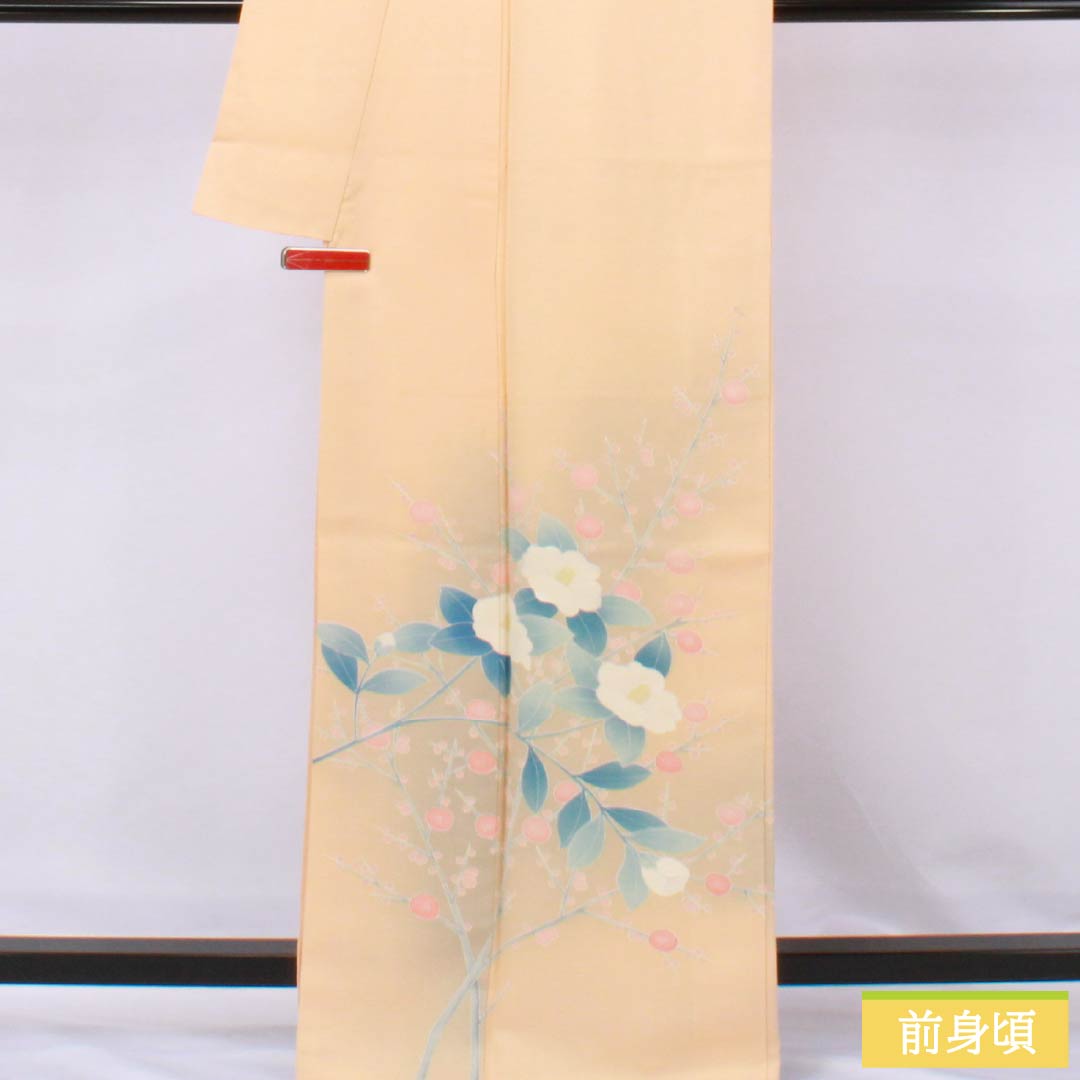 訪問着 正絹 Aランク 袷 身丈166.5cm 裄丈62.5cm 薄柿色(うすがきいろ) 京友禅 椿 橙系 1112006363526