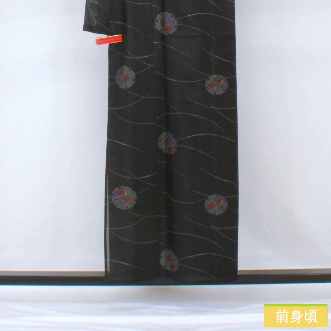 夏物 ポリエステル 小紋 身丈156cm 裄丈65cm 雪輪 露芝 洗える着物 紗 Sランク 黒系 1132001912310