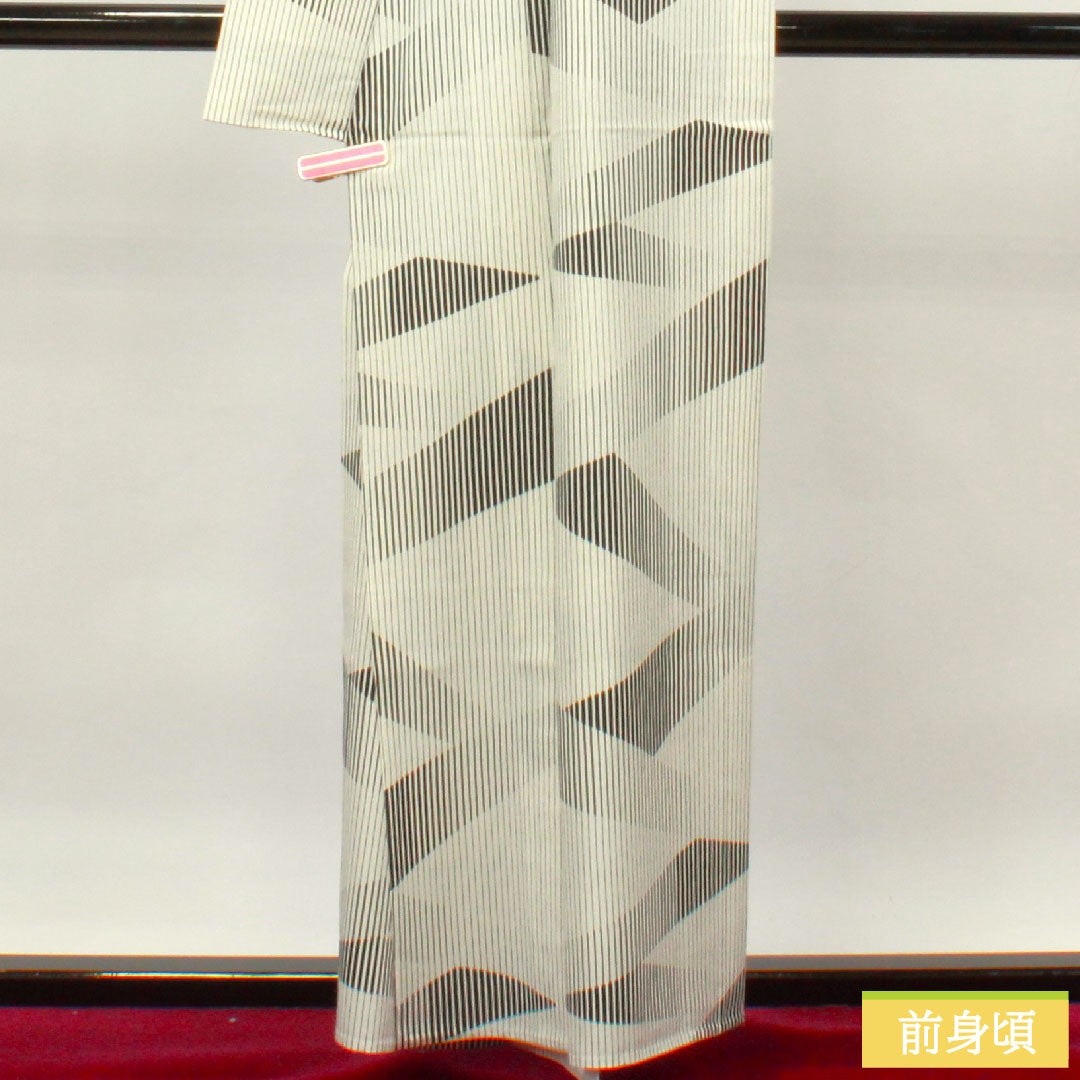 小紋 ポリエステル 身丈159cm 裄丈64cm 単衣 モノトーン 洗える着物 幾何学模様 Sランク 白系 1115003942311