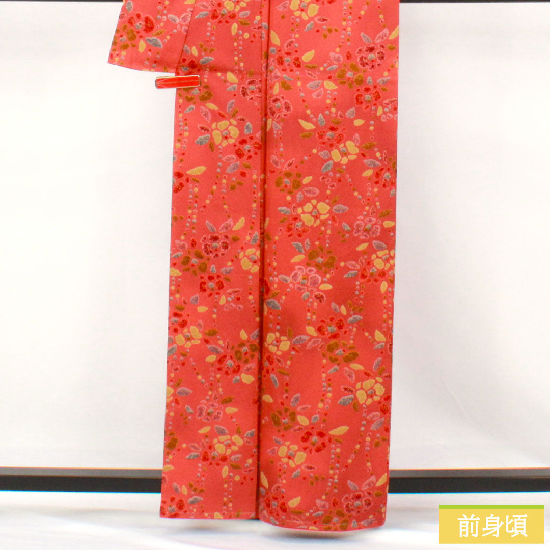 小紋 正絹 Sランク 身丈161.5cm 裄丈64cm 袷 紅絹色(もみいろ) 抽象花 部分絞り 赤系 1115007662412