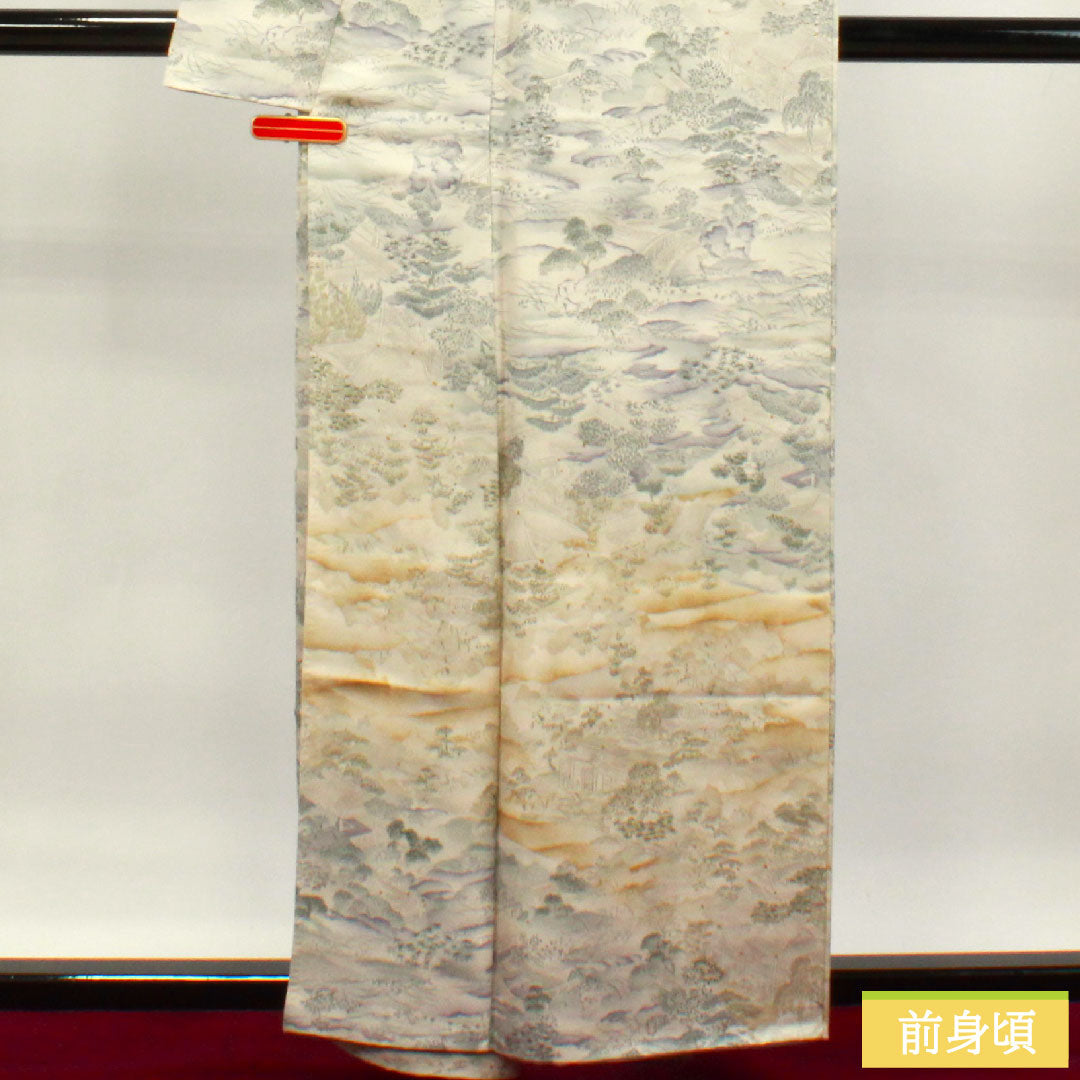 小紋 正絹 身丈159cm 裄丈65.5cm 袷 銀白色 風景模様 しつけ糸付き 未使用品 Sランク グレー系 1115003722322