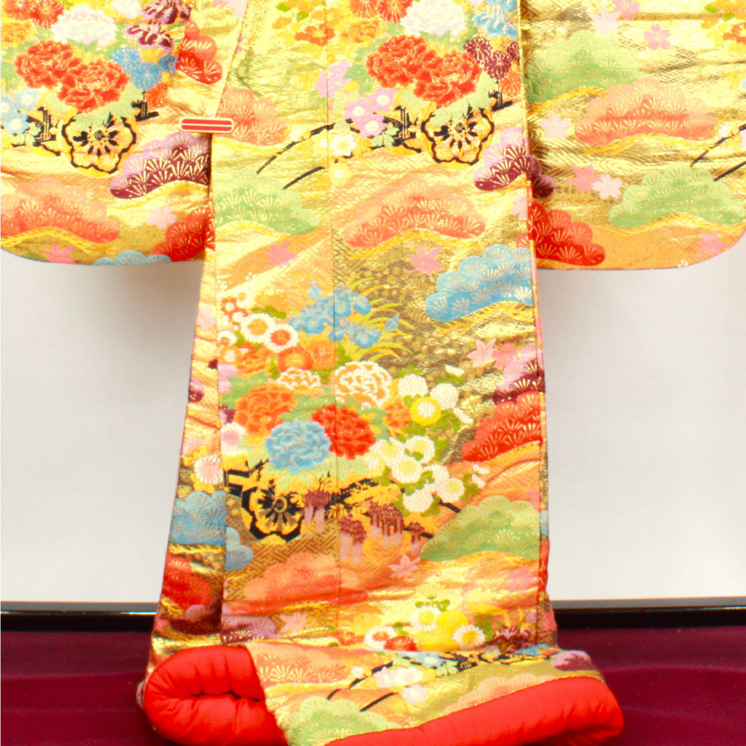 色打掛 身丈195cm 唐織 松 菊 花車 正絹 Sランク 袷 朱系 1110000412916